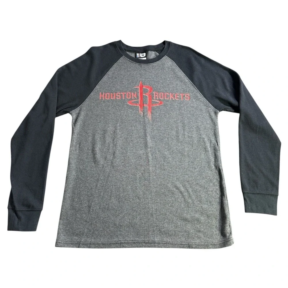 NBA Houston Rockets Thermal Long Sleeve Shirt Men Size L Black Gray‎ Red Logo